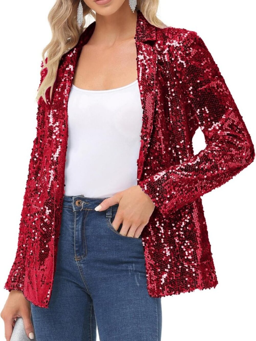 Sparkly Sequin Blazer Jacket for Women | Open Front Long Sleeve Cardigan with